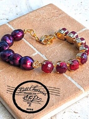 24 Total Carats Weight Natural Rough Ruby Wine Baroque Freshwater Pearl Bracelet